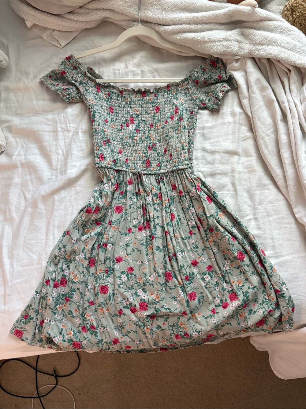 Smocked Floral Off-Shoulder Dress in Sage Green with Pink Roses